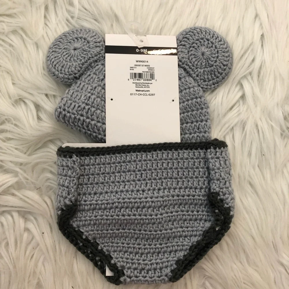 Baby Hand Crocheted Hat & Diaper Cover Set Gray
